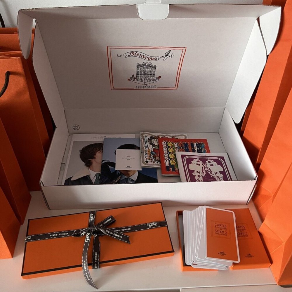 Lot of 17, HERMES empty Gift BOX w/Tissue & Ribbon Shopping Bags Catalogs Cards